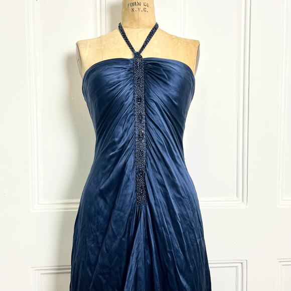 Adrianna Papell Boutique Vintage Navy Halter Elegant Silk Long Maxi Dress Glam - Picture 2 of 10